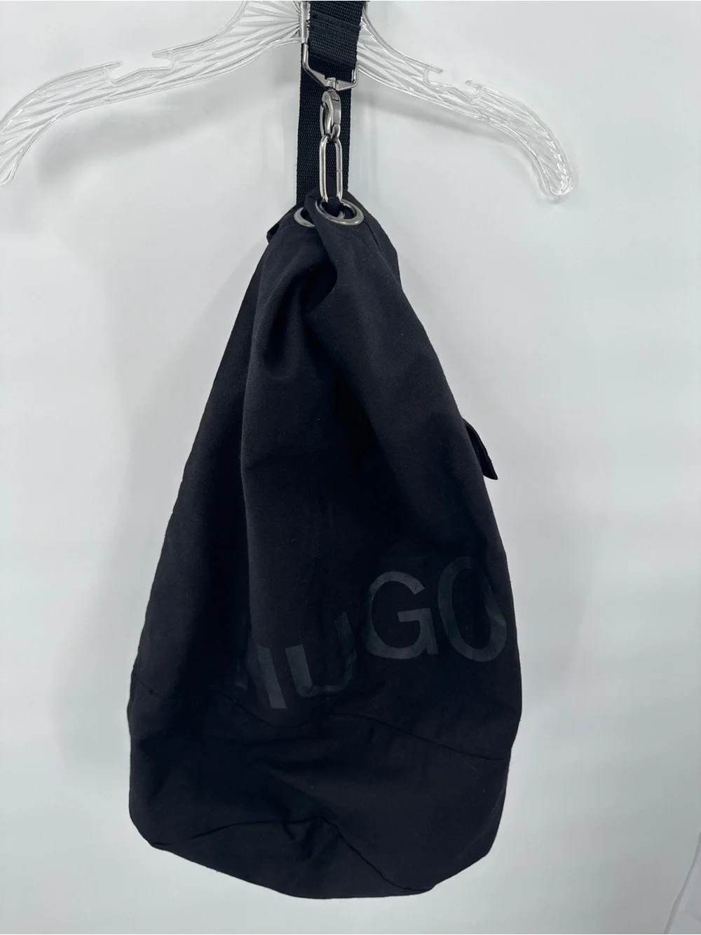 HUGO Black Drawstring Backpack Sling Bag Canvas Utility Bucket Logo Unisex Y2K